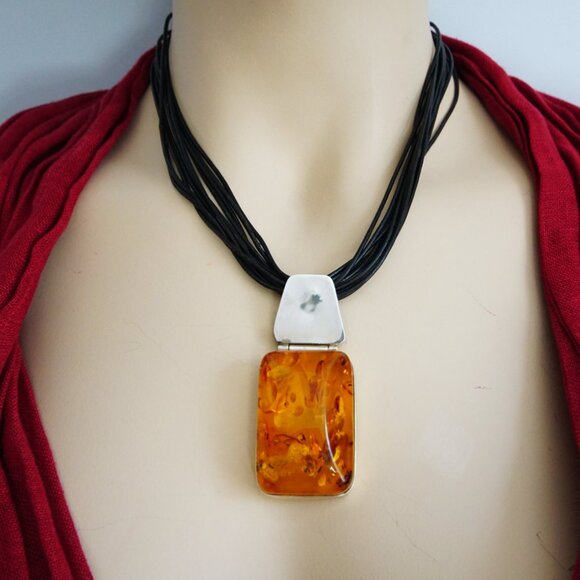 Modernist Faceted Amber and 925 Silver Huge Pendant With Black Leather Cord 17" - Picture 16 of 16